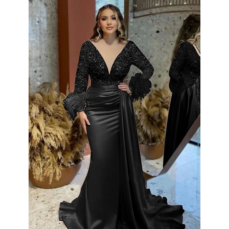 Mermaid Evening Gown Elegant Dress Formal Wedding Court Train Long Sleeve V Neck Satin with Feather Glitter Ruched Masquerade Dress4