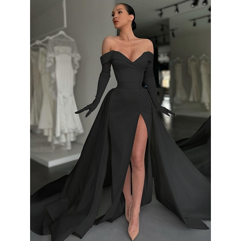 A-Line Black Evening Gown Elegant Dress Formal Court Train Long Sleeve Off Shoulder Satin with Buttons Pleats Slit Masquerade Dress
