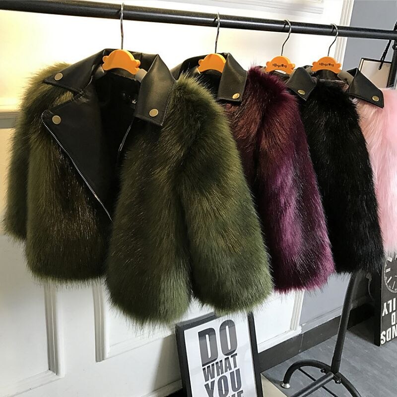 Kids Girls' Faux Fur Coat Solid Color Fashion Tassel Fringe Formal Coat Outerwear 2-12 Years Spring Wine Red Black White2
