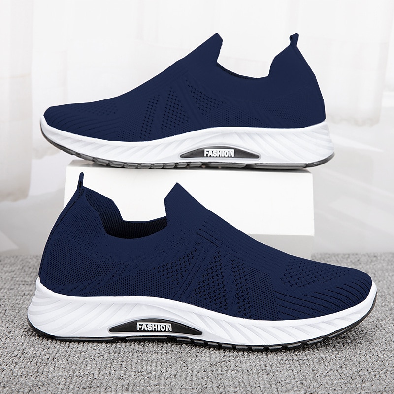 Men's Navy Blue Slip-On Athletic Sneakers - Lightweight Flyknit Mesh Casual Walking Shoes with Breathable Design for Everyday Comfort and Style