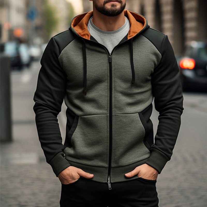 Men's Zip Up Hoodie Zip Up Hoodies White Army Green Navy Blue Brown Hooded Color Block Zip Up Sports & Outdoor Daily Holiday Polyester Streetwear Cool Casual Spring &  Fall Clothing Apparel Hoodies
