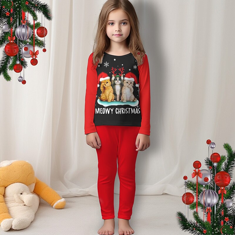Christmas Girls' 3D Cat Christmas Pajamas Pajama Sets Long Sleeve 3D Print Fall Winter Active Fashion Cute Polyester Kids 3-12 Years Crew Neck Home Causal Indoor Regular Fit2