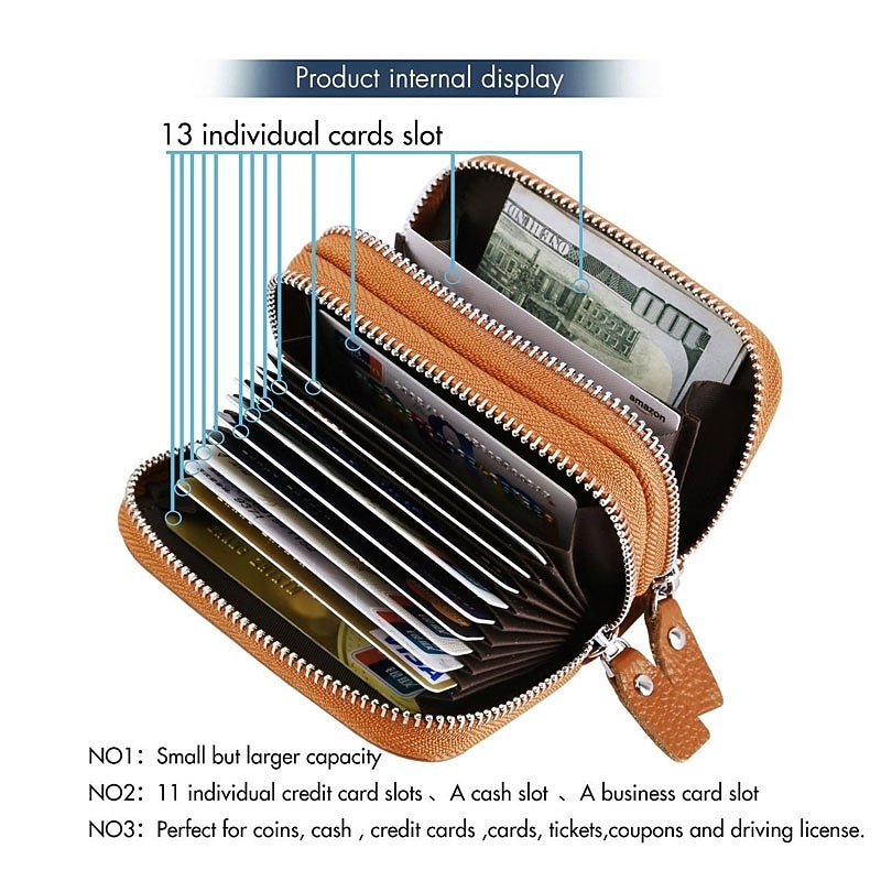 RFID Blocking Leather Coin Purse Twin Golden Metal Zippers Sectioned Concertina 9 Credit Card Case  4 Pocket money Case4