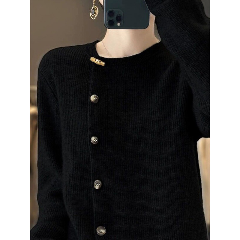 Women's Cardigan Sweater Stylish Casual Soft Solid Color Ribbed Crew Neck Patchwork Buttons Long Sleeve Regular Tops Knit Daily Going out Weekend Black Beige Fall Winter2