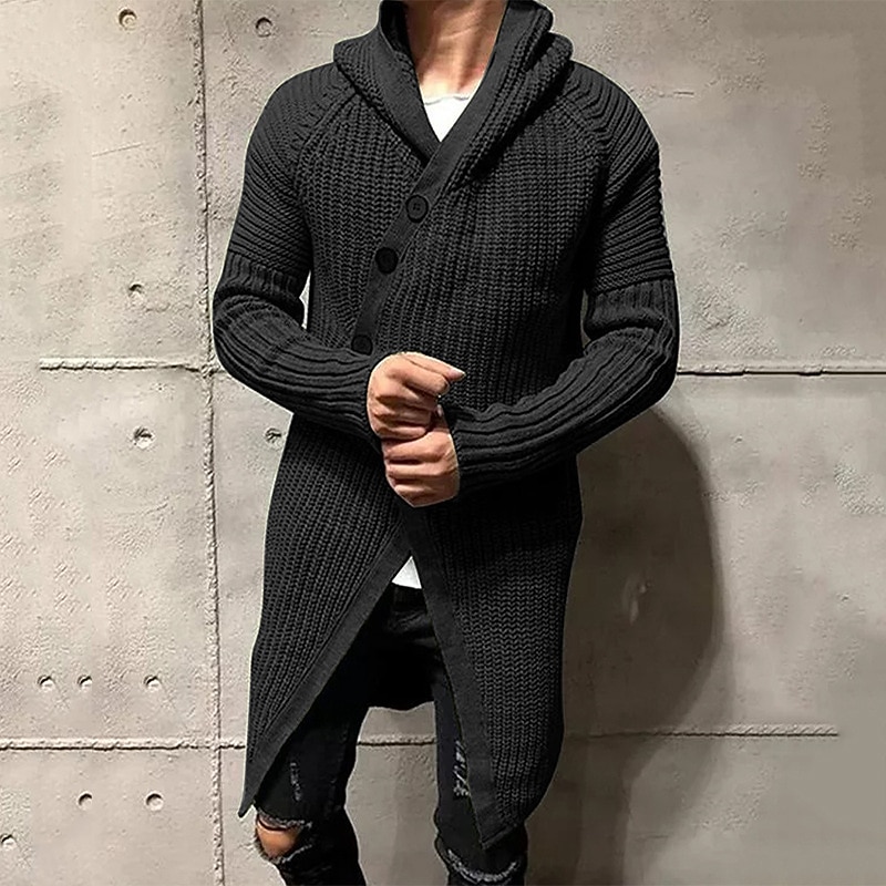 Men's Cardigan Sweater Ribbed Knit Tunic Knitted Plain Hoodie Warm Ups Modern Contemporary Daily Wear Going out Clothing Apparel Winter Black Light Grey M L XL4