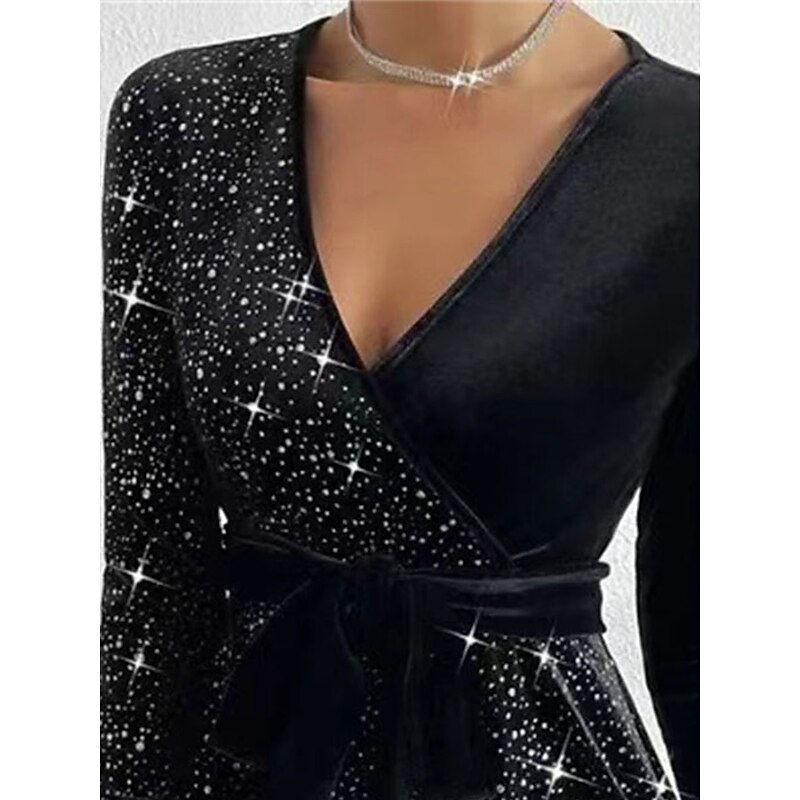 Women's Black Dress Velvet Dress Sequin Dress Velvet Sequins Glitter V Neck Long Sleeve Mini Dress Winter Dress Black Red Fall Winter2