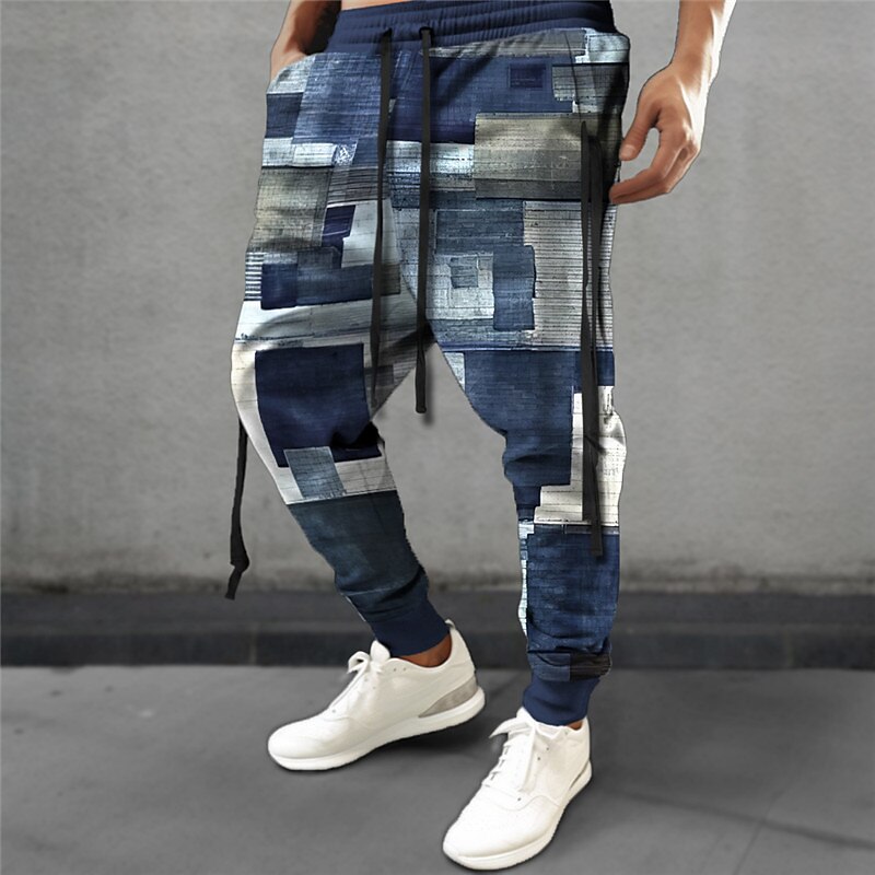 Plaid Geometry Casual Men's 3D Print Sweatpants Joggers Pants Trousers Outdoor Street Casual Daily Polyester Navy Blue Royal Blue Blue S M L Mid Waist Elasticity Pants4