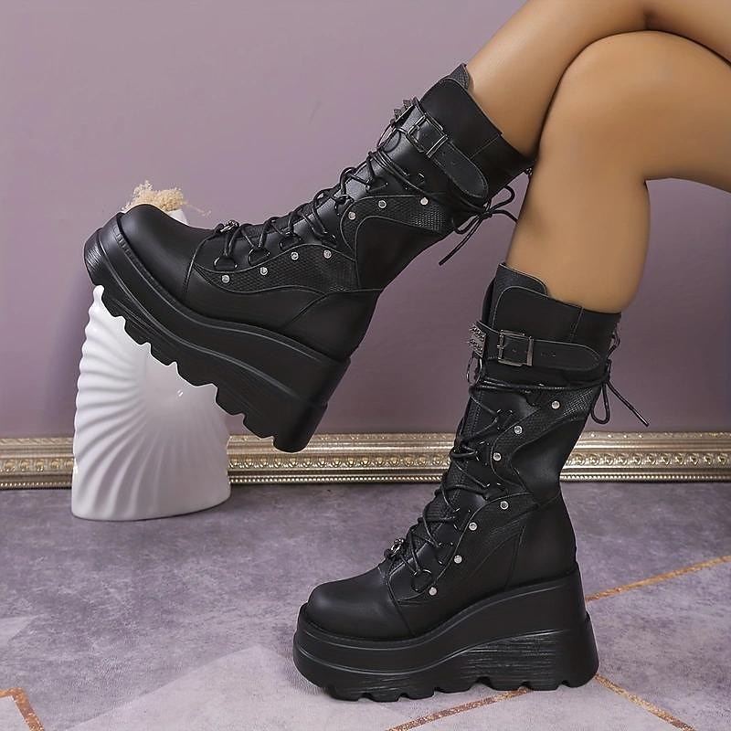 Women's Black Platform Lace-Up Motorcycle Boots with Studded Buckles, Gothic Style for Night Out and Alternative Fashion2