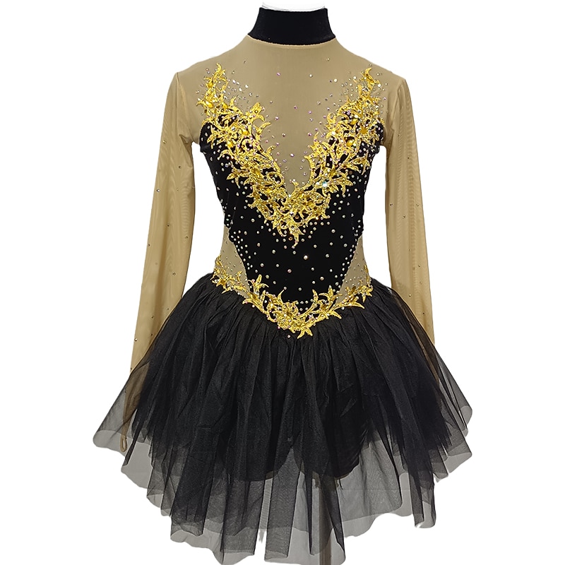 Figure Skating Dress Women's Girls' Ice Skating Dress Black Golden Patchwork Thumbhole Mesh Spandex Stretchy Training Practice Professional Skating Wear Crystal / Rhinestone Long Sleeve Figure Skating