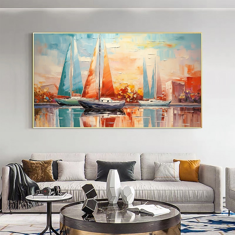 Handmade Oil Painting Canvas Wall Art Decor Original Colorful sailboat in full for Home Decor With Stretched FrameWithout Inner Frame Painting