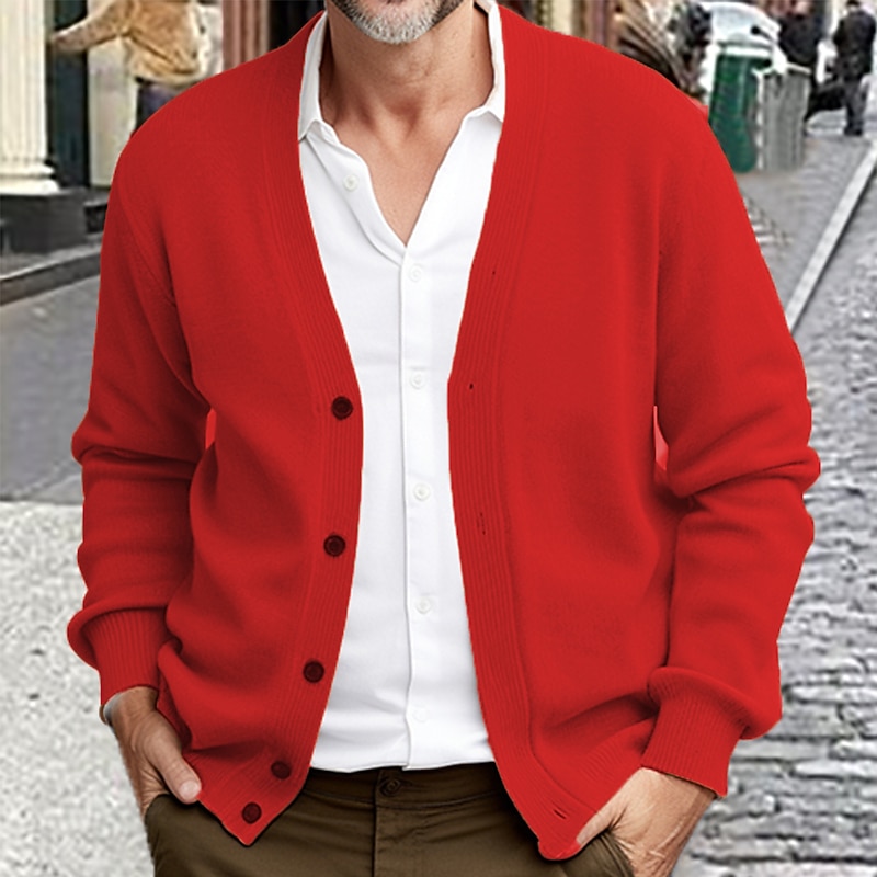 Men's Sweater Cropped  Sweater Cardigan Sweater Ribbed Knit Regular Knitted Plain V Neck Warm Ups Modern Contemporary Daily Wear Going out Clothing Apparel Winter Black Burgundy S M L