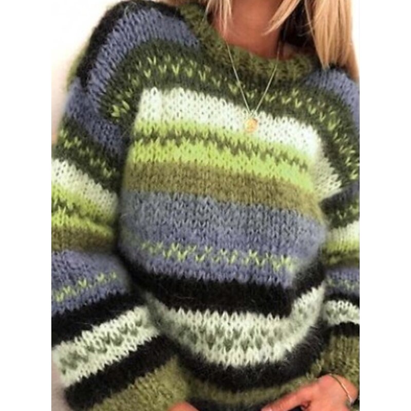 Women's Pullover Sweater Jumper Stylish Casual Soft Color Block Striped Chunky Crew Neck Oversized Stripe Long Sleeve Regular Tops Knit Outdoor Daily Going out Purple Green Fall Winter