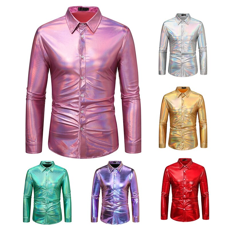 Disco 1980s Shiny Metallic Blouse / Shirt Masquerade Disco Fancy Dress Men's Carnival Costume Masquerade Party / Evening Bachelorette Party Pride Parade Adults' Shirt