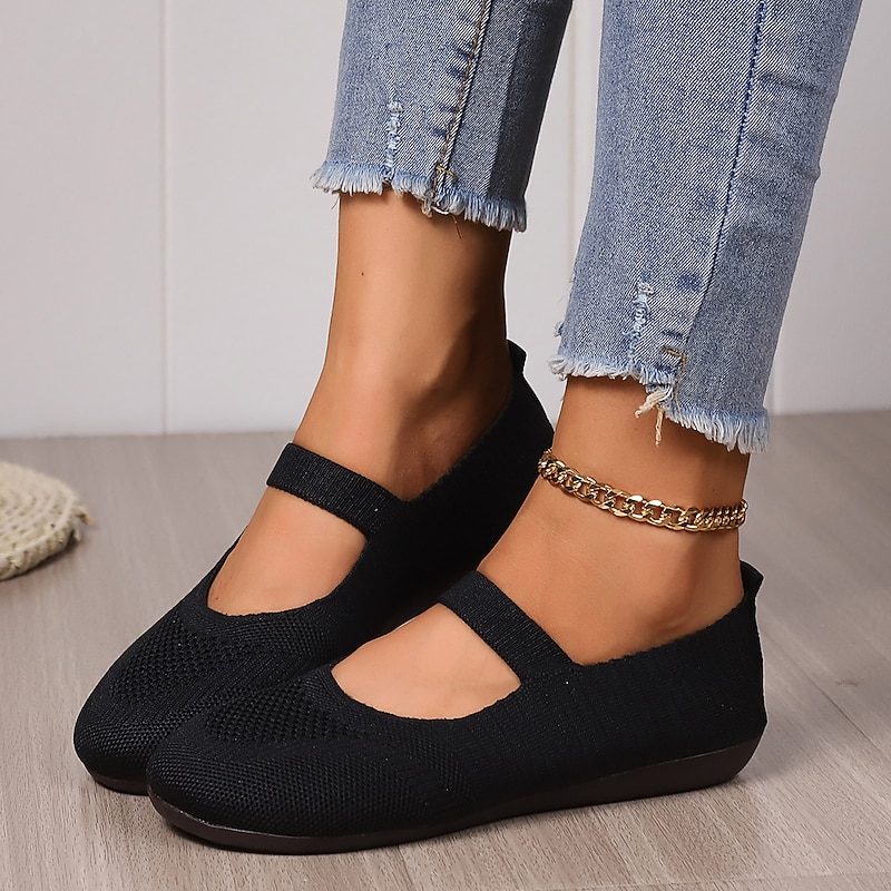 Women's Breathable Knit Fabric Mary Jane Flats – Comfortable Elastic Strap Slip-On Ballet Shoes for Daily Wear2