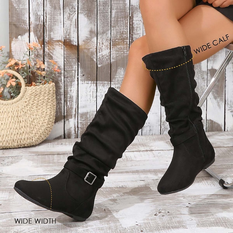 Women's Black Slouchy Mid-Calf Boots with Buckle Strap and Side Zipper, Comfortable Flat Heel for Casual Fall and Winter Outfits