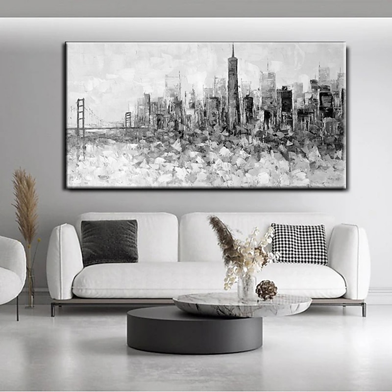 Large wall art Handmade San Francisco skyline painting Hand Painted Wall Art Black and white abstract art Palette knife city art picture Home Decoration Decor Rolled Canvas4