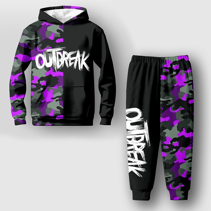 Boys 3D Camo Letter Hoodie & Sweatpants Set Set Long Sleeve 3D Printing Fall Winter Active Fashion Cool Kids 3-12 Years Outdoor Vacation Street Regular Fit3
