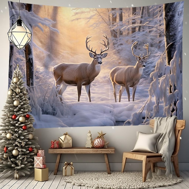 Winter Wonderland Hanging Tapestry Wall Art Large Tapestry Mural Decor Photograph Backdrop Blanket Curtain Home Bedroom Living Room Decoration Snow Reindeer 6