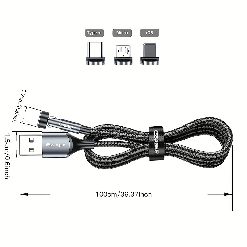 Essager Magnetic Charging Cable 540 Rotating Magnetic Phone Charger Nylon Braided Magnetic USB Cable For Phone Samsung Xiaomi Fast Charger Cord Phone Data Wire 3 In14