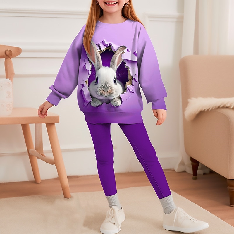 Easter Girls' 3D Rabbit Color Gradient Sweatshirt & Legging Set Set Long Sleeve 3D Print Fall Winter Active Fashion Daily Kids 3-12 Years Crew Neck Outdoor Vacation Date Regular Fit3