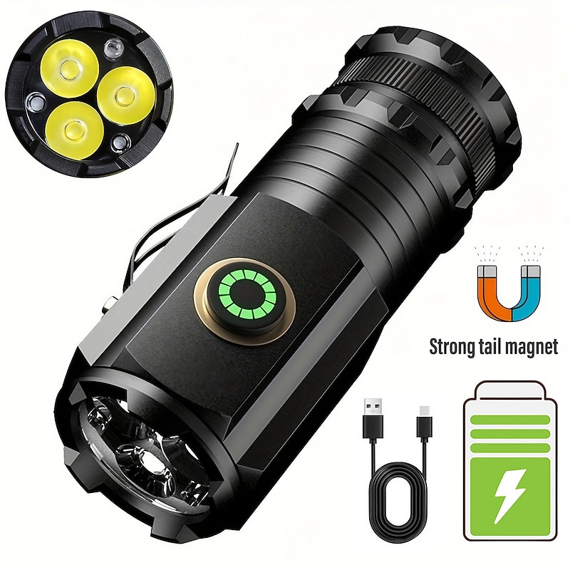 High Power Led Mini Flashlight, Strong Magnetic Tail LED Torch with 3 LED and Self-defense Lamp 5 Lighting Modes Bright Suitable for Outdoor Hiking Lights