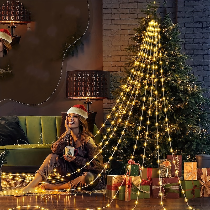 1pc Solar Outdoor Christmas Decorations Waterfall Star Lights 180 LED 8 Modes Tree Light Garden Decor for Home Xmas Tree Wedding Yard Holiday Christmas Gift4