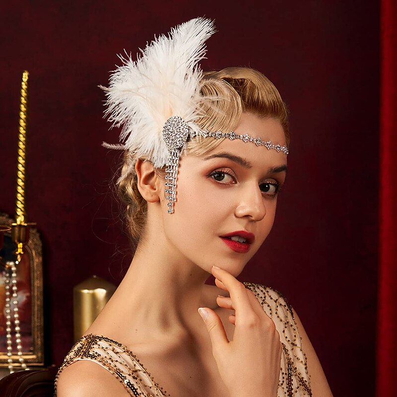 feather Art Deco 1920's Flapper Great Gatsby Inspired Leaf Medallion Pearl Headpiece Headband3