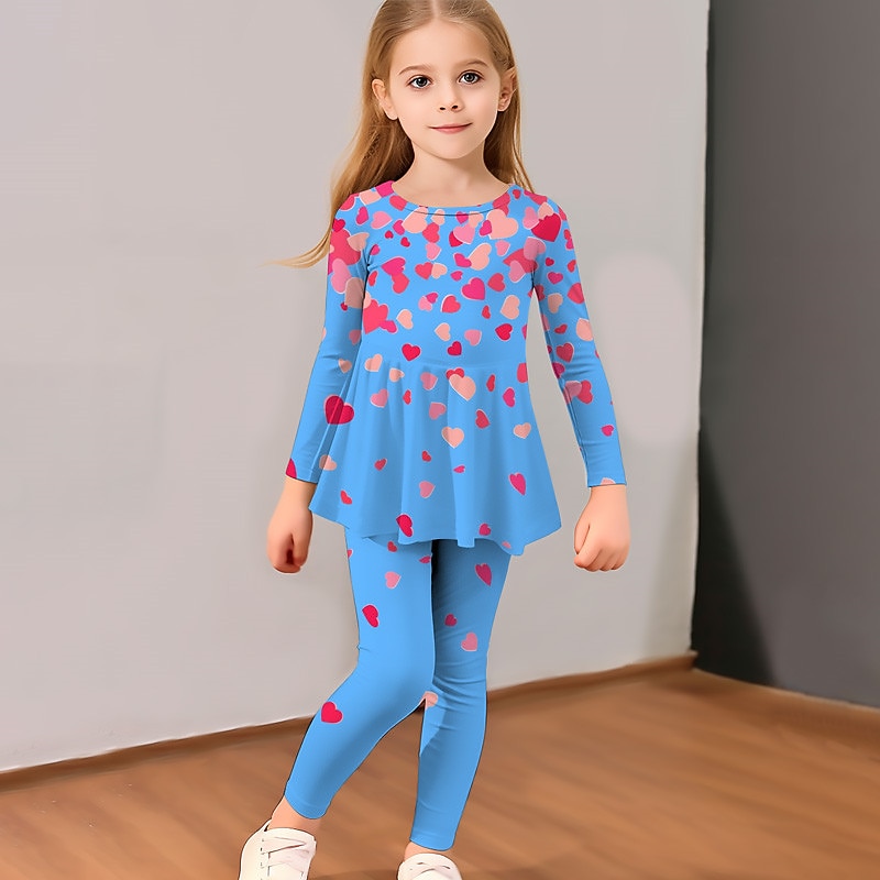 Girls' 3D Heart T-shirt & Legging Ruffle Dress Set Long Sleeve 3D Print Fall Winter Active Fashion Daily Kids 3-12 Years Outdoor Vacation Date Regular Fit2