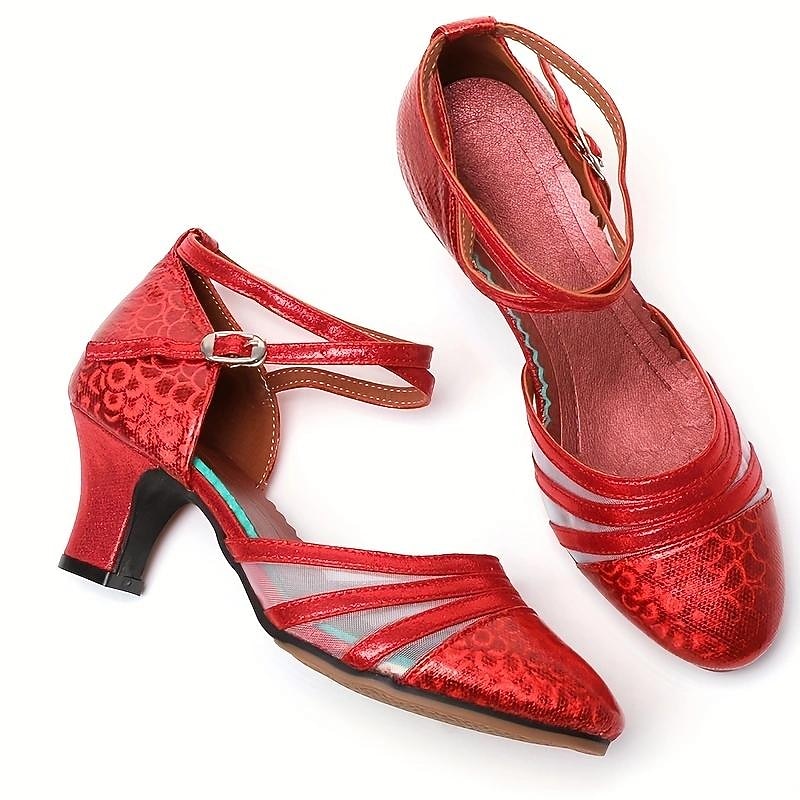 Women's Red Latin Dance Shoes – Shiny Faux Leather Heels with Mesh Panels and Ankle Straps for Ballroom, Salsa & Performance3