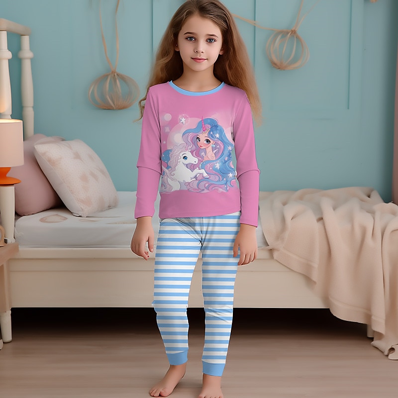 Girls' 3D Rainbow Unicorn Pajama Sets Long Sleeve 3D Print Fall Winter Active Fashion Cute Kids 4 years+ Crew Neck Home Causal Indoor Regular Fit2