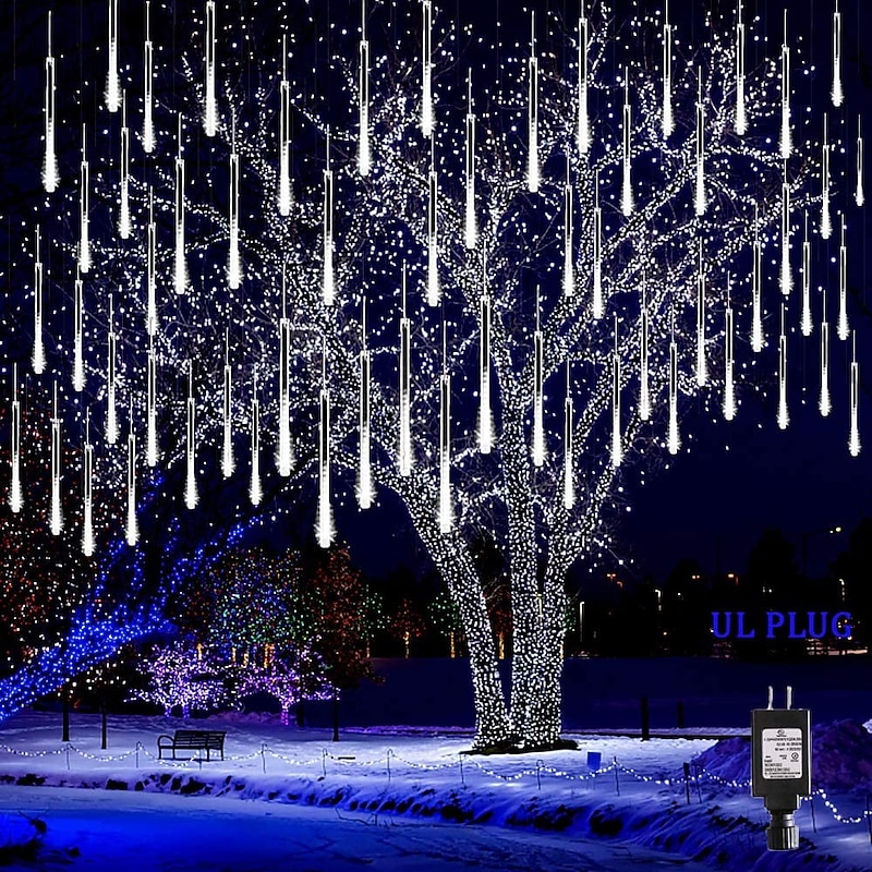 Christmas Lights Outdoor Meteor Shower Lights Falling Rain Lights 80cm 8 Tube 576 LED Snow Falling Icicle Cascading Lights for Xmas Tree Halloween Decoration Wedding Party