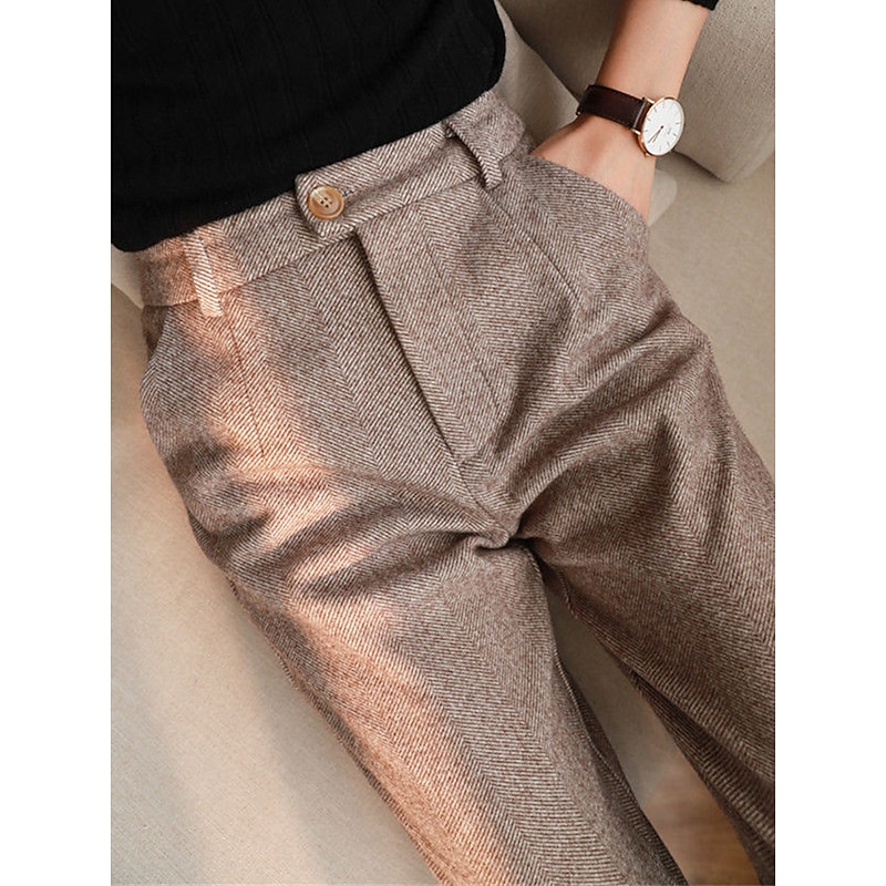 Women's Dress Pants Skinny Fleece Pants Fashion Streetwear Work Ankle-Length High Waist Striped Pocket Breathability Comfortable Micro-elastic Office Work Street Black ash-colored Apricot Beige Fall2