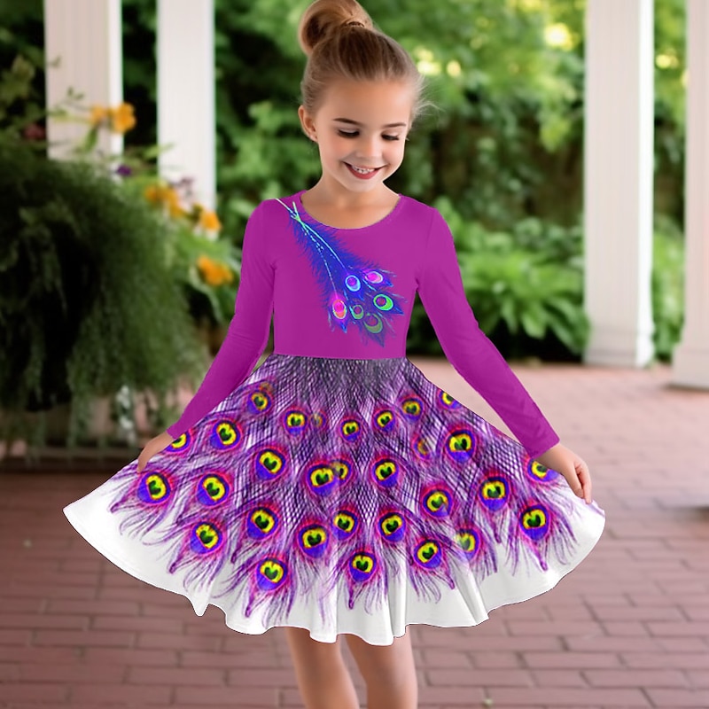 Girls' 3D Animal Dress Long Sleeve 3D Print Fall Winter Sports & Outdoor Daily Holiday Cute Casual Beautiful Kids 3-12 Years Casual Dress A Line Dress Above Knee Polyester Regular Fit3