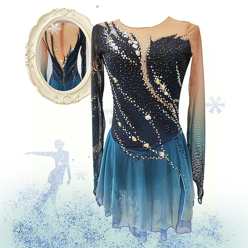 Figure Skating Dress Women's Girls' Ice Skating Dress Dark Blue Thumbhole Halo Dyeing High Elasticity Professional Competition Skating Wear Thermal Warm Crystal / Rhinestone Long Sleeve Ice Skating