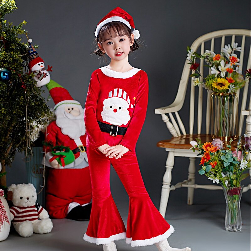 3 Pieces Kids Girls' Christmas Cartoon Christmas Sets Set Long Sleeve Active School Cotton 7-13 Years Spring Red2