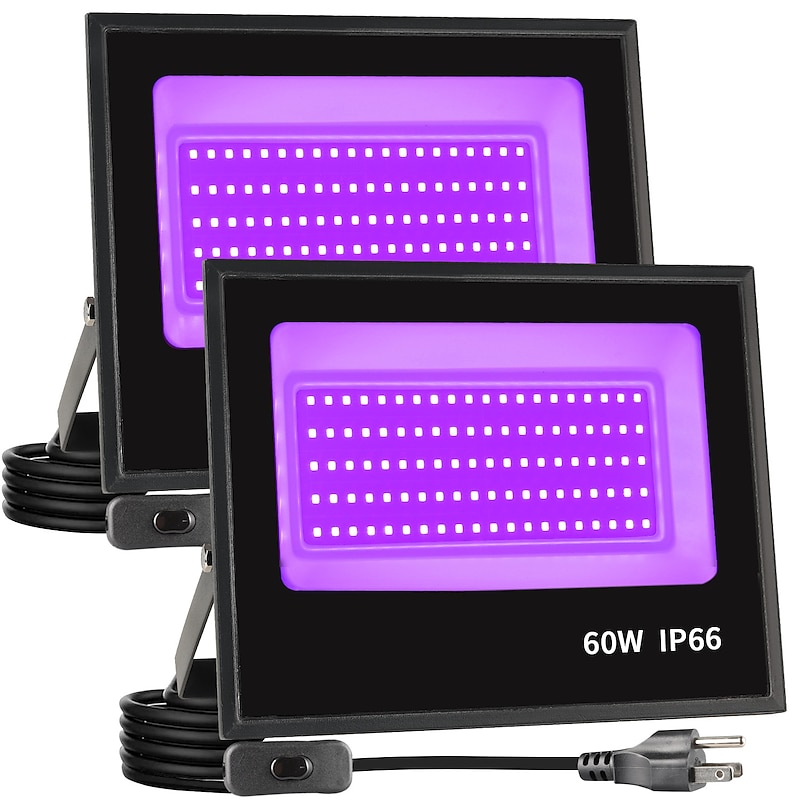 LED Black Lights 1-2 Pack of 30W 60W 120W UV Floodlight 395nm-405nm IP66 Waterproof High-power Black Light Plug with Switch (59in) for Parties Stages UV Resin Curing Paint for Halloween3