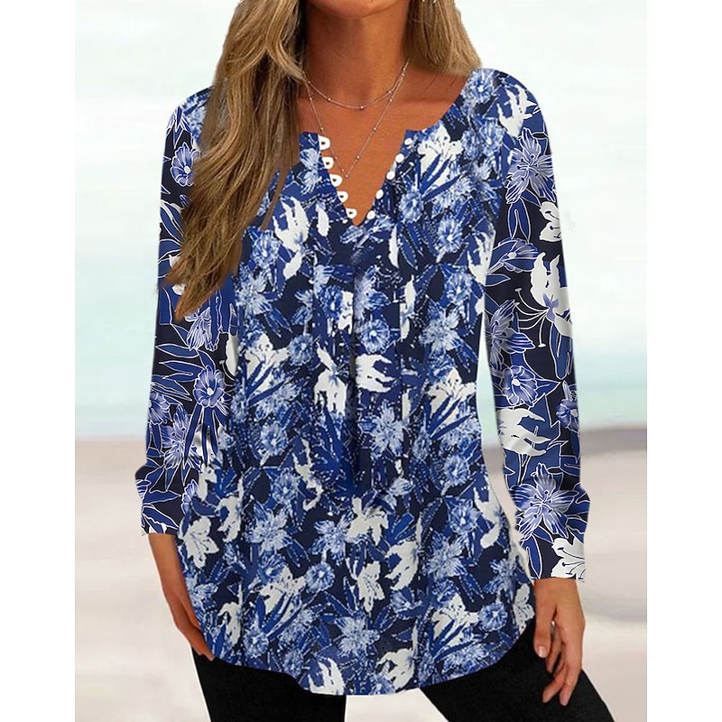 Women's Tunic Shirt Henley Shirt Blouse Tunic Basic Floral Buttons Print Long Sleeve Regular Tops Round Neck Casual Holiday Blue Fuchsia Brown Khaki Spring Fall Prefall4