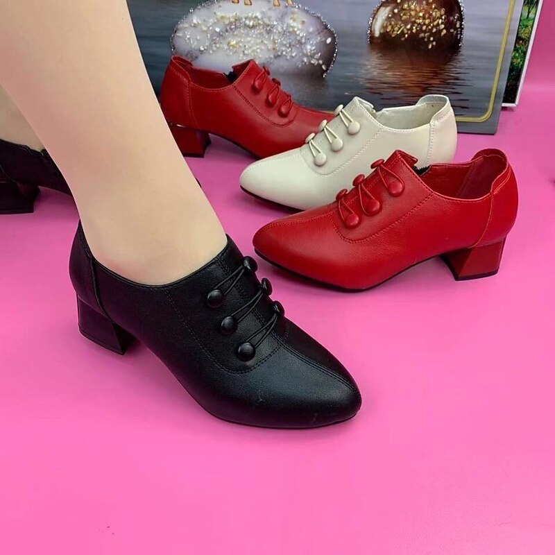 Women's Heels Pumps Valentines Gifts Comfort Shoes Party Office Daily Solid Color Button Chunky Heel Pointed Toe Fashion Minimalism Faux Leather Loafer Black Red Beige2