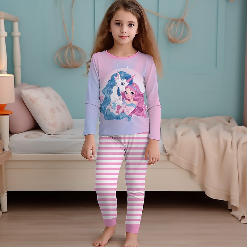 Girls' 3D Rainbow Unicorn Pajama Sets Long Sleeve 3D Print Fall Winter Active Fashion Cute Kids 4 years+ Crew Neck Home Causal Indoor Regular Fit3