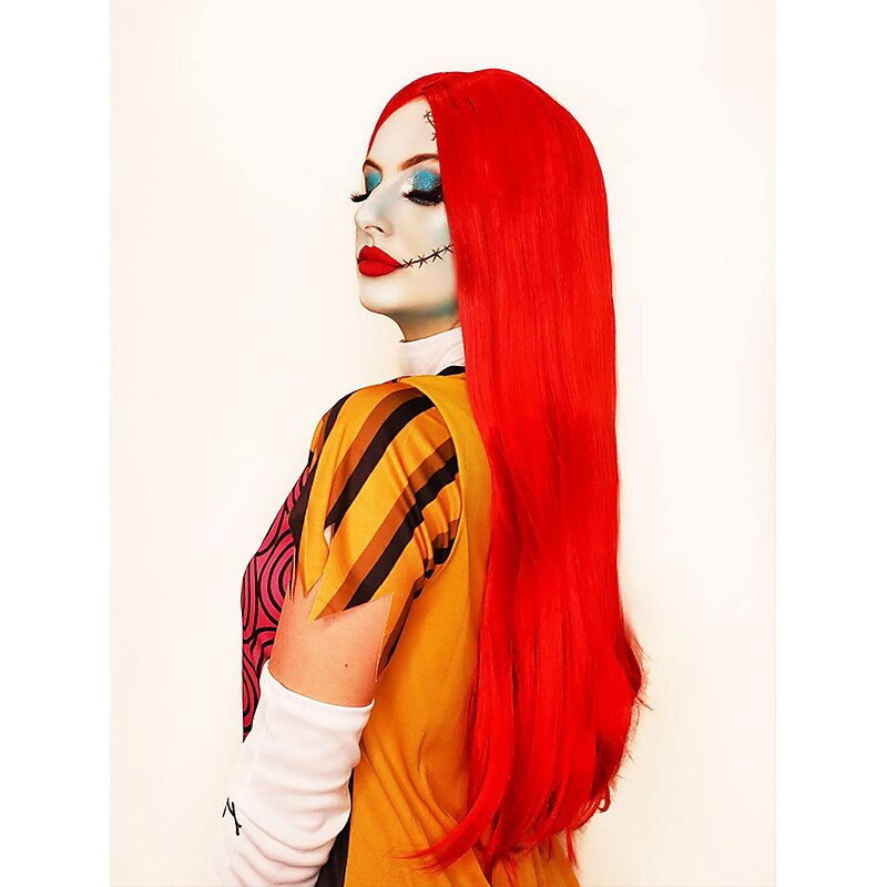 -Red Wig Sally Nightmare Before Christmas Cosplay, Realistic Bright Red Long Wig for Women Men Anime Wigs3