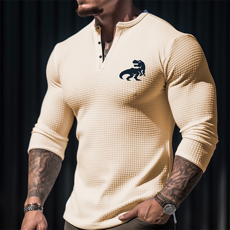 Men's Graphic Crocodile Henley Shirt Waffle T Shirt Long Sleeve 3D Print Fashion Designer Casual Sports Outdoor Casual Holiday Spring &  Fall White Pink Blue Beige Henley Henley T-Shirt2