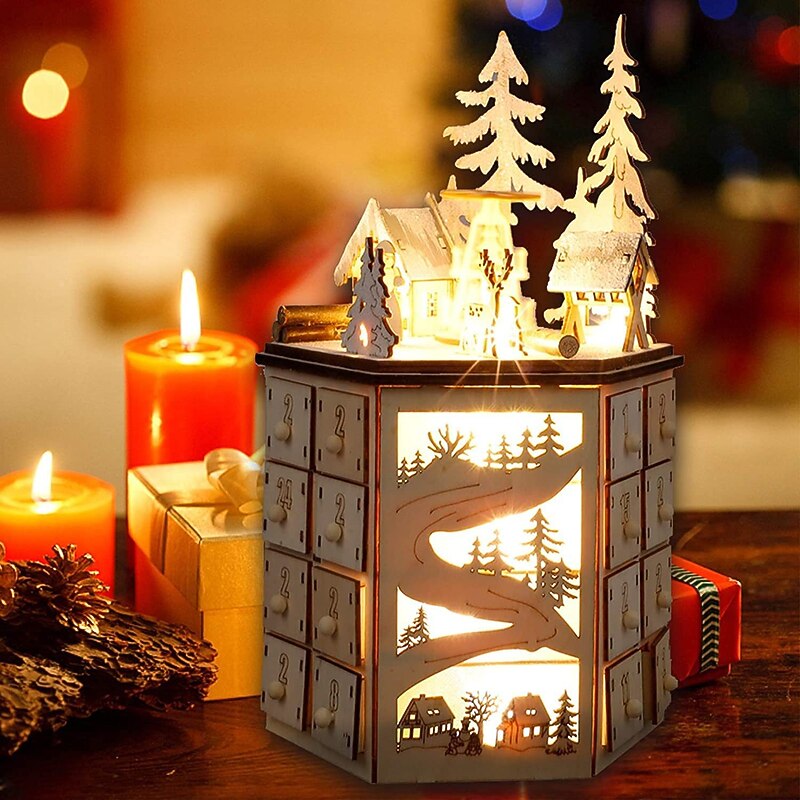 Christmas Advent Calendar, LED Revolving Music Box Advent Calendar Decorated with Christmas Tree Reindeer House LED Lights, Lighted Wooden Carved 24 Day Countdown to Christmas Calendar, 24 Storage Dra