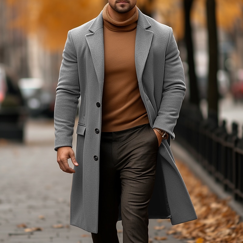 Men's Winter Coat Overcoat Trench Coat Outdoor Daily Wear Fall & Winter Polyester Warm Outerwear Clothing Apparel Fashion Streetwear Plain Pocket Turndown Single Breasted - Main Image