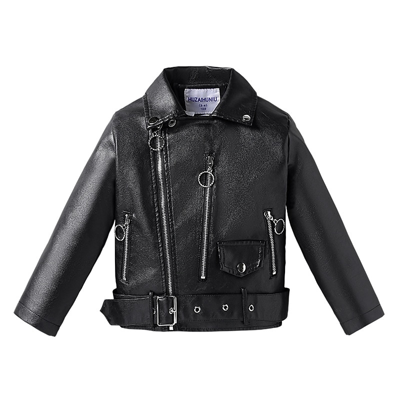 Girls' Black Leather Jacket Solid Color Active Zipper Outdoor Coat Outerwear 3-7 Years Spring Black Yellow Pink