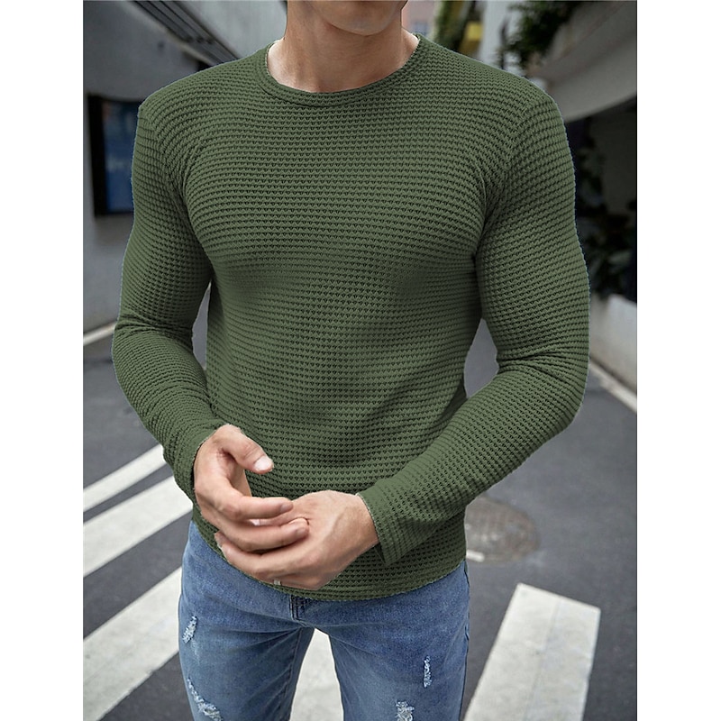 Men's Waffle Tee Waffle Shirt T Shirt Tee Top Long Sleeve Crew Neck Spring &  Fall Plain Fashion Designer Basic Vacation Street Going out Green Top Tee for Men4