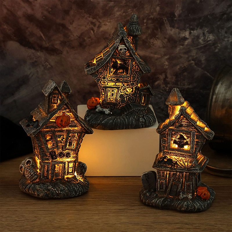 Halloween Christmas Resin Haunted House- LED Lighted Halloween Village Houses with Figurines, Halloween Village Collection Indoor Room Decor Ornament
