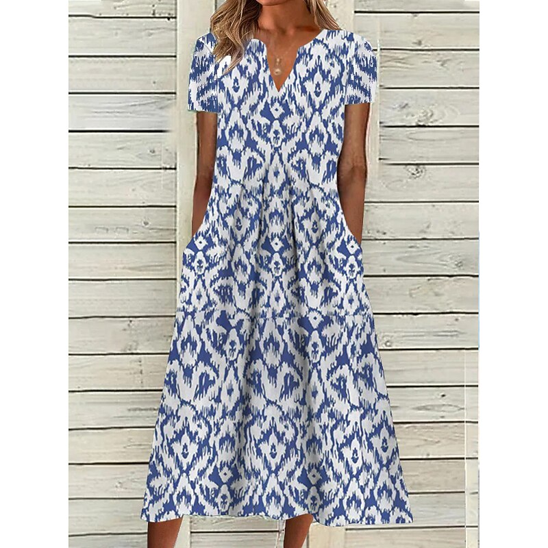 Women's Midi Dress Casual Dress Shift Dress Blue Short Sleeve Geometric Pocket Spring Summer V Neck Basic Daily Vacation Summer Dress