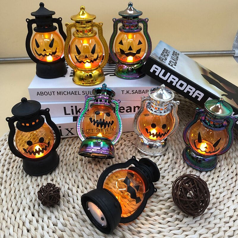 Halloween Decorarions Pumpkin Lamp Retro Small Oil Lamp LED Electronic Candle Portable Pumpkin Lamp Electroplating Magic Color Storm Lantern2