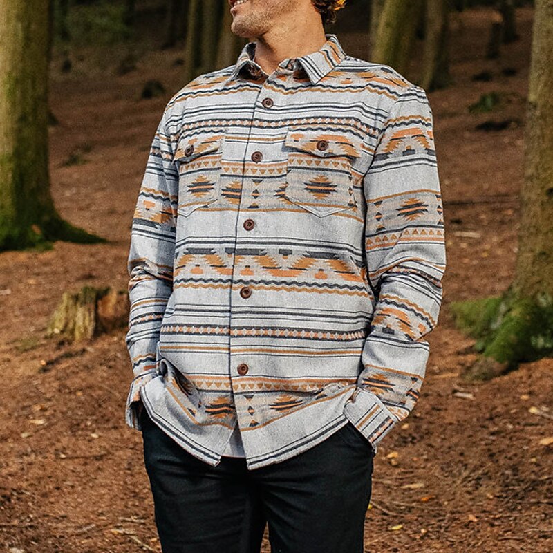 Men's Geometry Shirt Shirt Jacket Long Sleeve Vintage Outdoor Street Casual Daily Fall & Winter Turndown Buttons Pocket Print Gray3