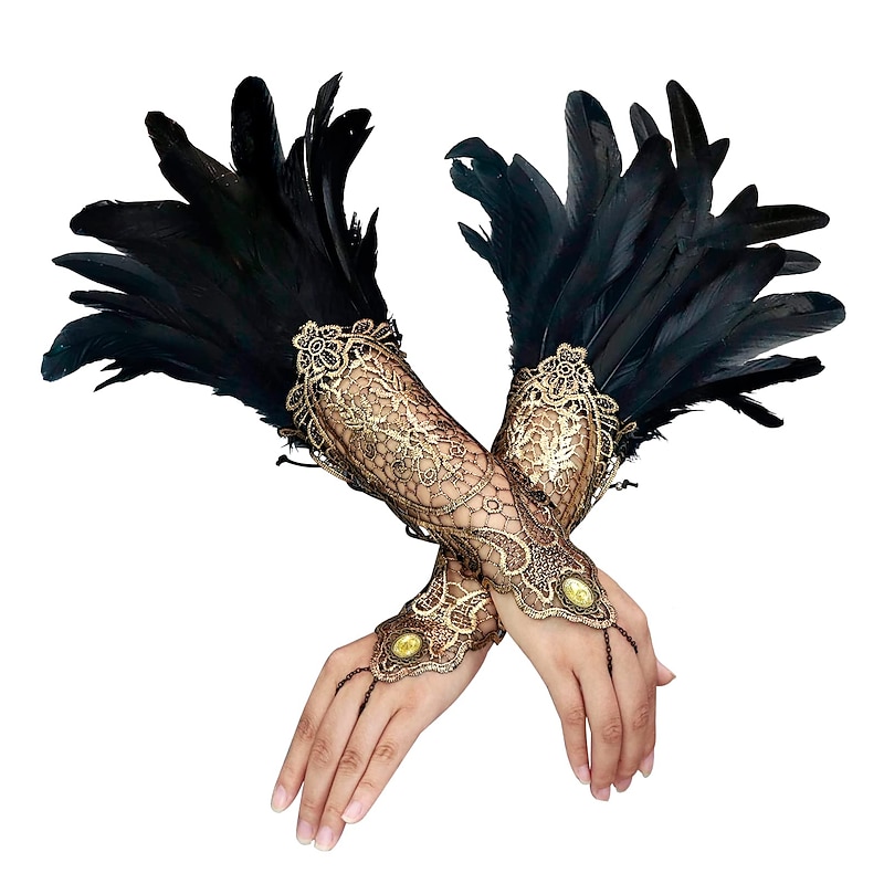 1 Pair Lace Feather Gloves Retro Vintage Punk & Gothic Long Gloves Feather Lace Witch Maleficent Women's Lace Cosplay Costume Masquerade Party Evening